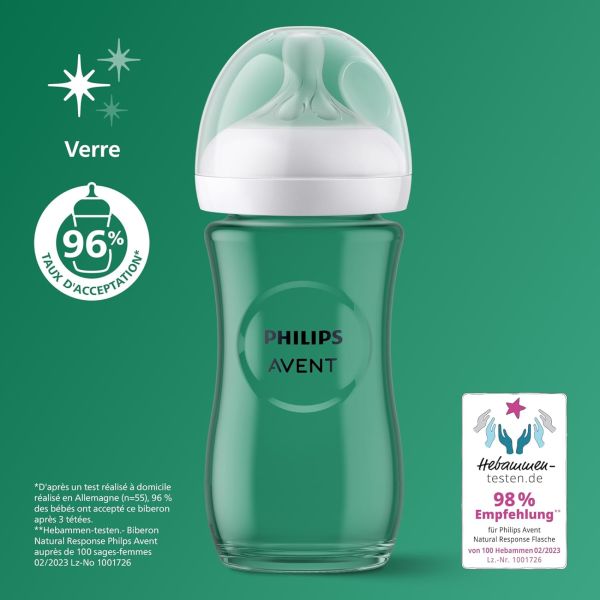 Coffret nouveau-né de 3 biberons Natural response verre SCD878/11 + 1 sucette
