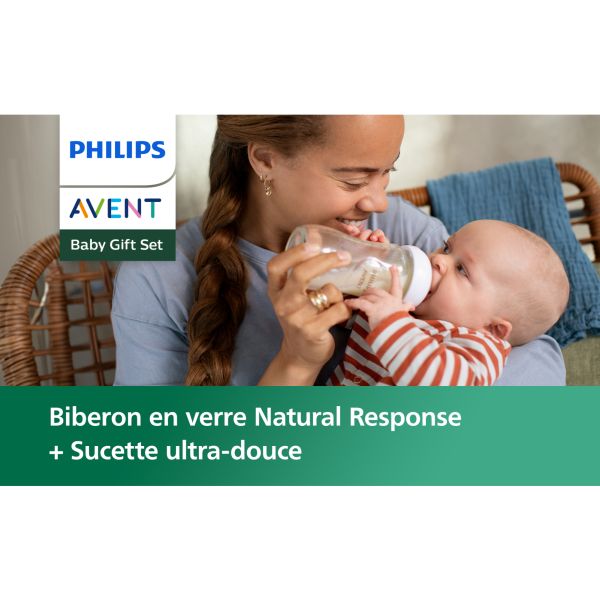Coffret nouveau-né de 3 biberons Natural response verre SCD878/11 + 1 sucette