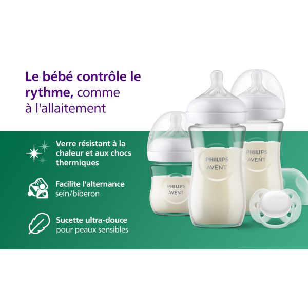 Coffret nouveau-né de 3 biberons Natural response verre SCD878/11 + 1 sucette