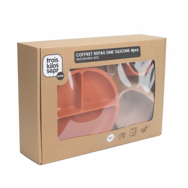 Coffret repas bébé 4 pièces silicone Terre de Sienne & Sable