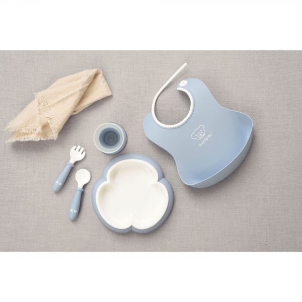 Coffret repas avec bavoir bleu pastel