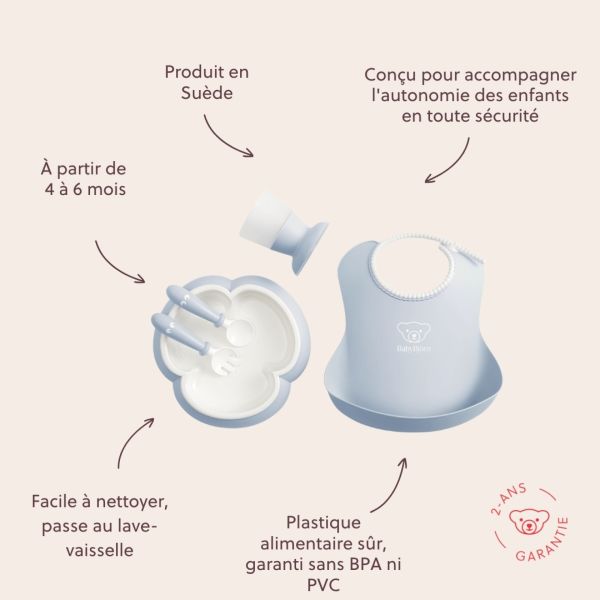 Coffret repas avec bavoir bleu pastel