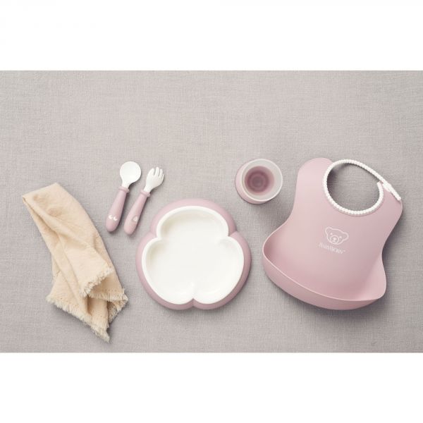 Coffret repas avec bavoir rose pastel