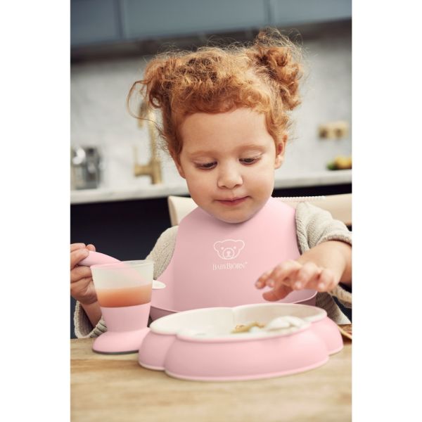Coffret repas avec bavoir rose pastel