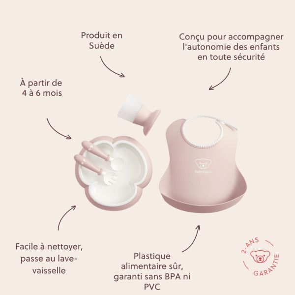 Coffret repas avec bavoir rose pastel