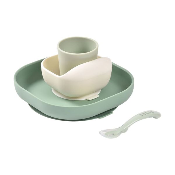 Coffret repas bébé en silicone 4 pièces Vert sauge et Vert de gris