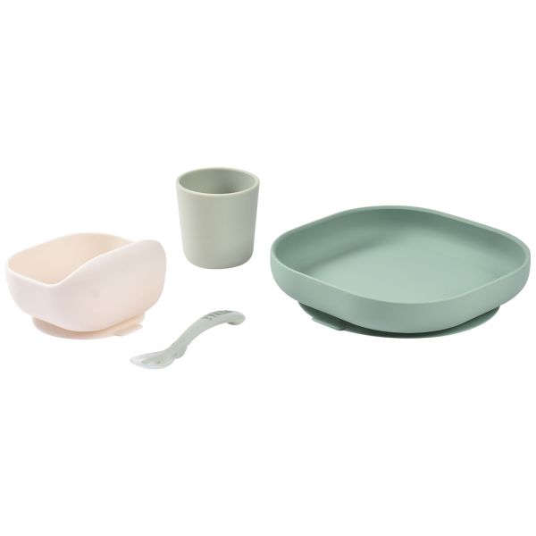Coffret repas bébé en silicone 4 pièces Vert sauge et Vert de gris