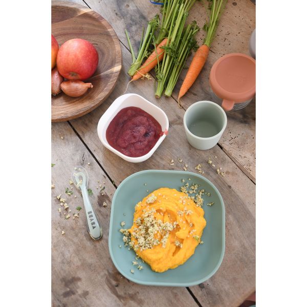 Coffret repas bébé en silicone 4 pièces Vert sauge et Vert de gris