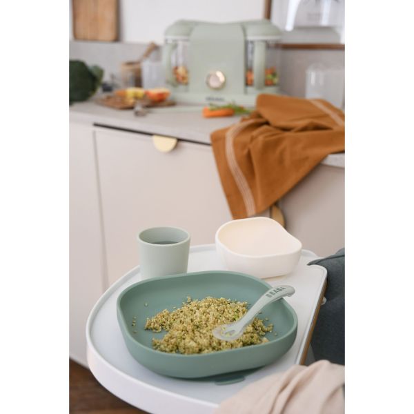 Coffret repas bébé en silicone 4 pièces Vert sauge et Vert de gris