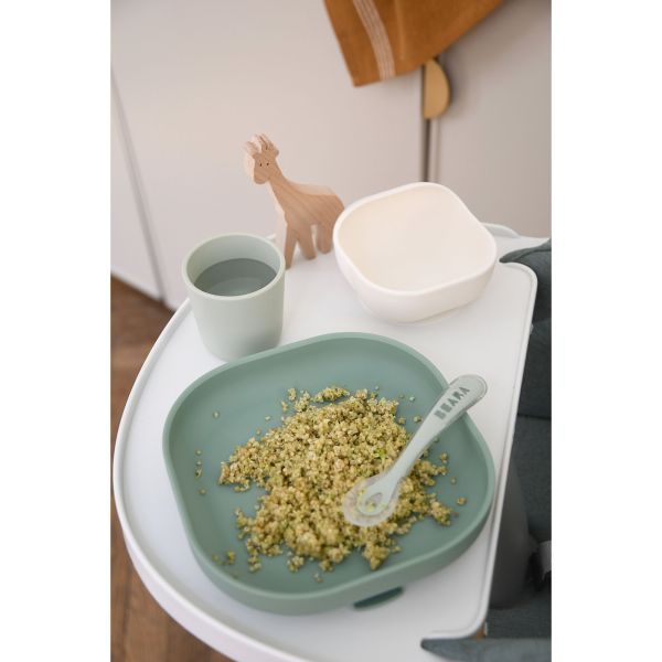 Coffret repas bébé en silicone 4 pièces Vert sauge et Vert de gris
