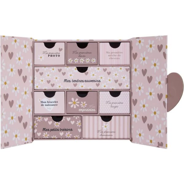 Coffret de naissance souvenirs Cœurs 9 tiroirs