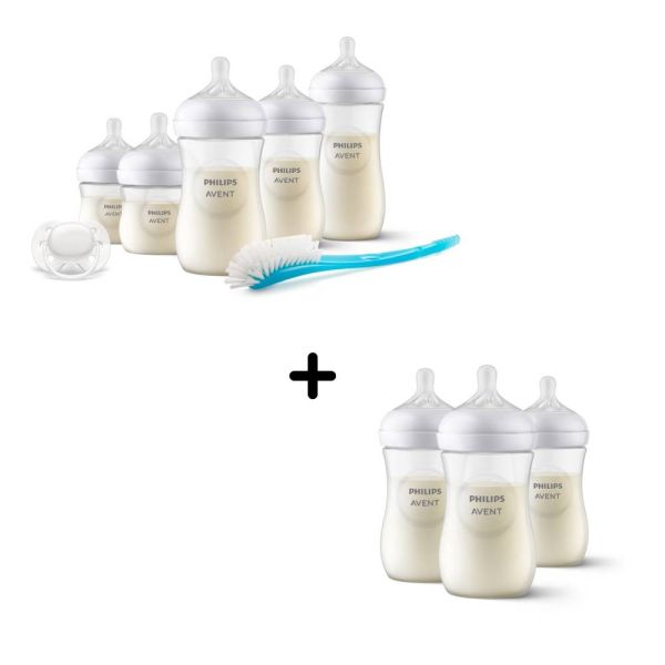 Coffret de 8 biberons PP Natural response, 1 sucette ultra-douce 0-6 mois et 1 goupillon (2 biberons 125 ml + 5 biberons 260 ml + 1 biberon 330 ml)