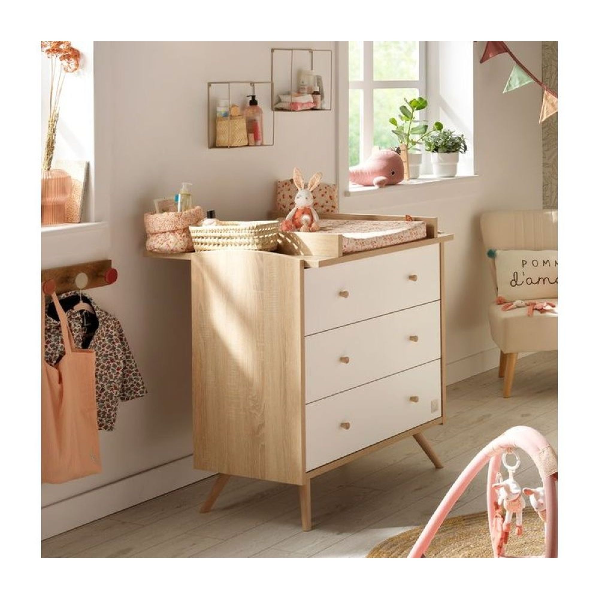 Commode bébé 3 tiroirs avec plateau à langer blanc perle - Ciel