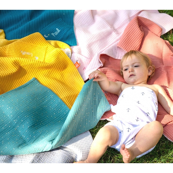 Couverture nid d'abeille Moutarde personnalisable