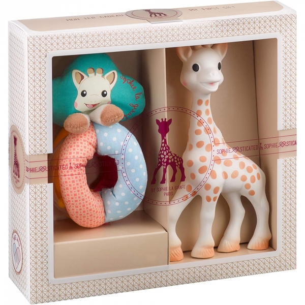 Coffret naissance prêt à offrir Sophie la girafe, hochet billes et tissus