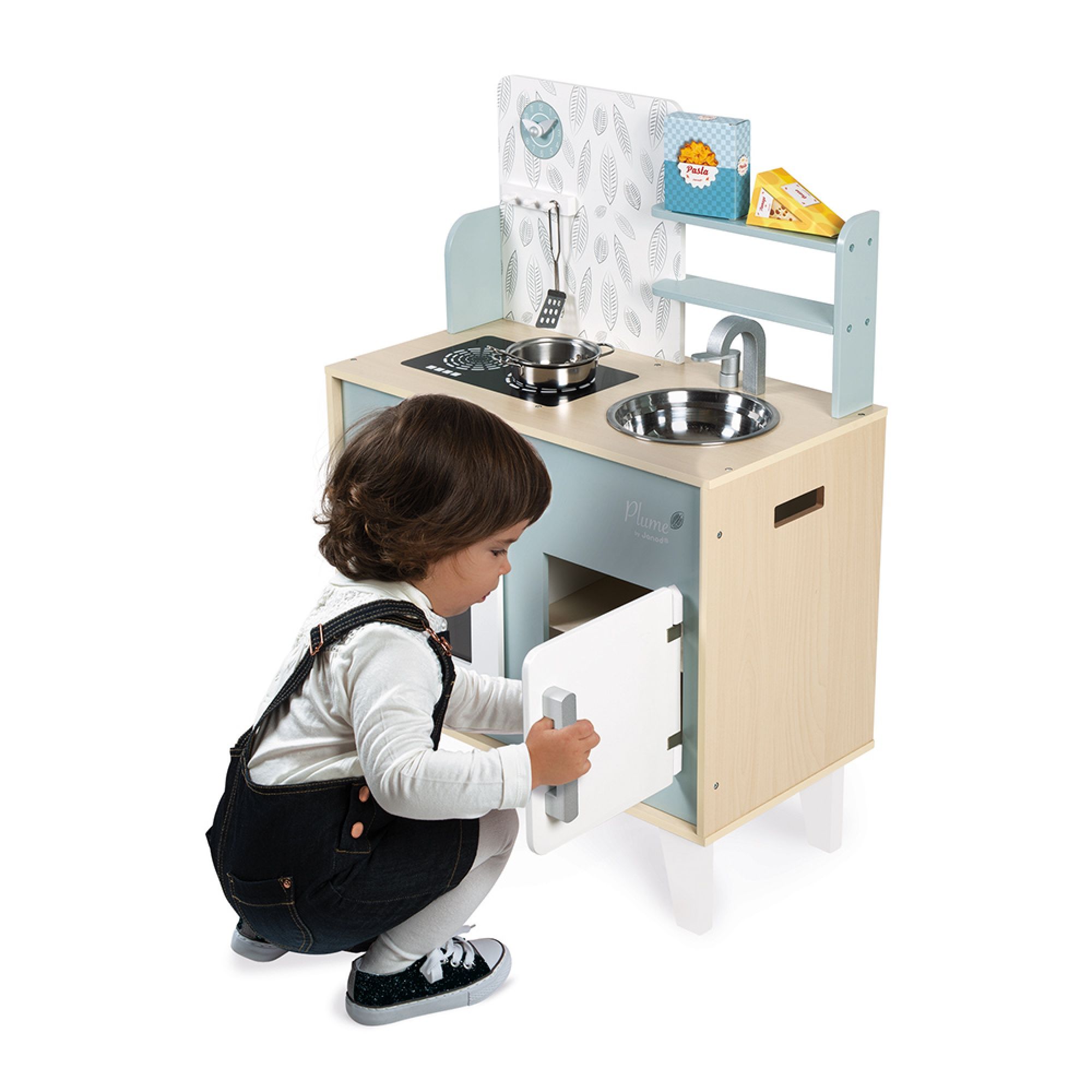 Janod - Cuisine Plume - Cuisinière en Bois pour Enfant - Avec Four, Évier  en Inox, Placard, Boutons et Horloge - Cuisine en Bois Avec 5 Accessoires 