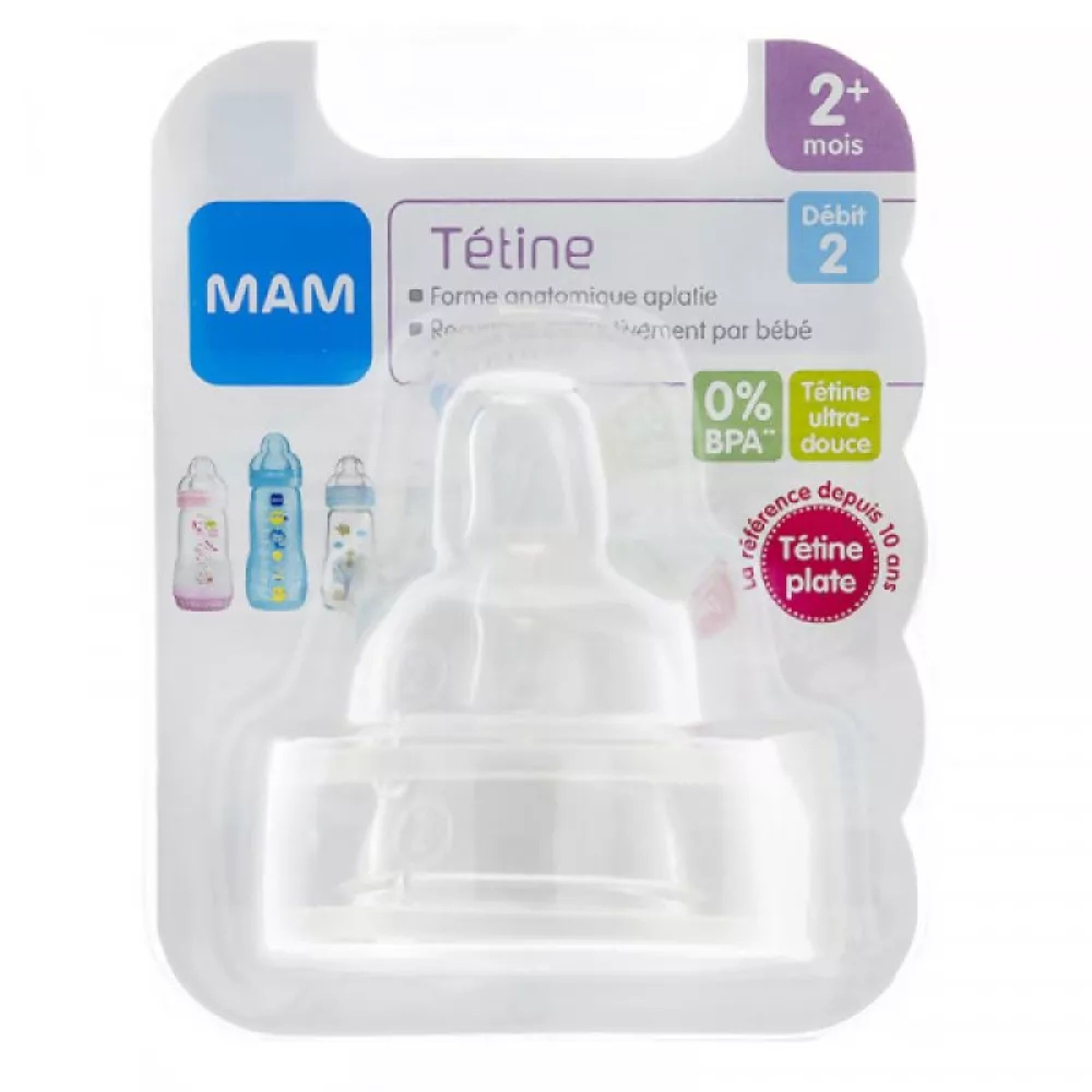 MAM Tétine anatomique - Débit 2 Moyen - Silicone - Lot de 2