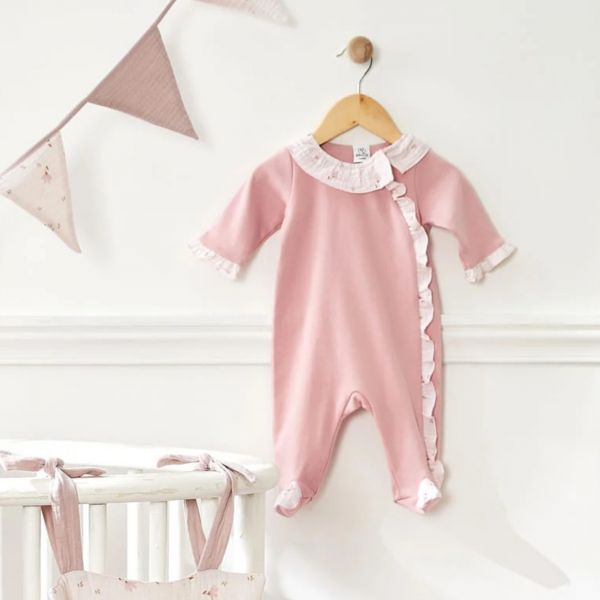 Pyjama hiver en maille bouclette rose thé avec volants - 12 mois