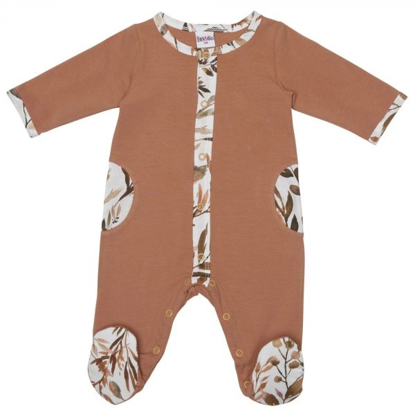 Pyjama hiver en maille bouclette cassonade / imprimé feuillages - 12 mois