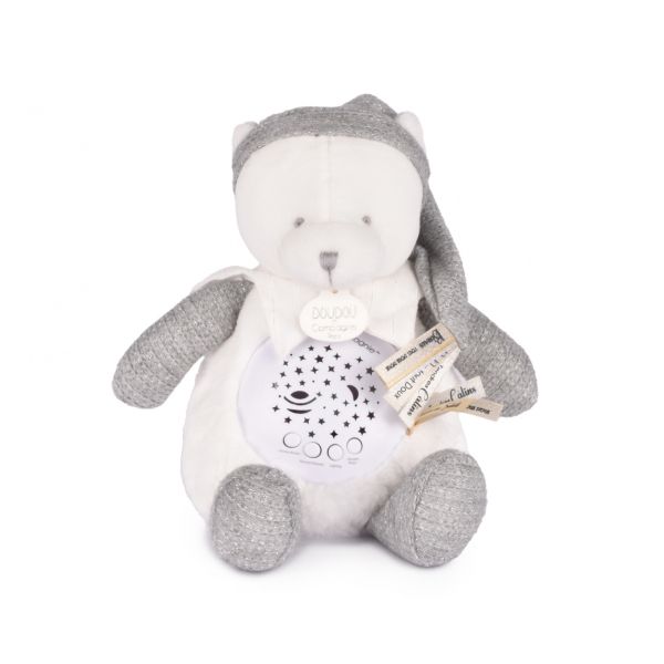 Veilleuse peluche musicale à projection d'étoiles Ours gris
