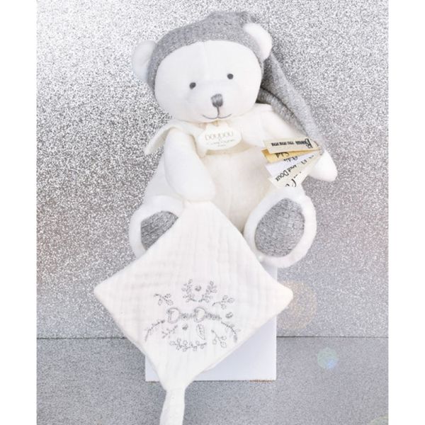 Doudou pantin attache sucette Ours 20 cm Argent