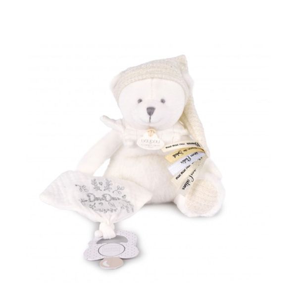 Doudou pantin attache sucette Ours 20 cm Blanc