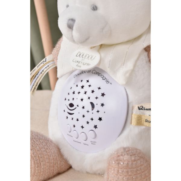 Veilleuse peluche musicale à projection d'étoiles Ours rose