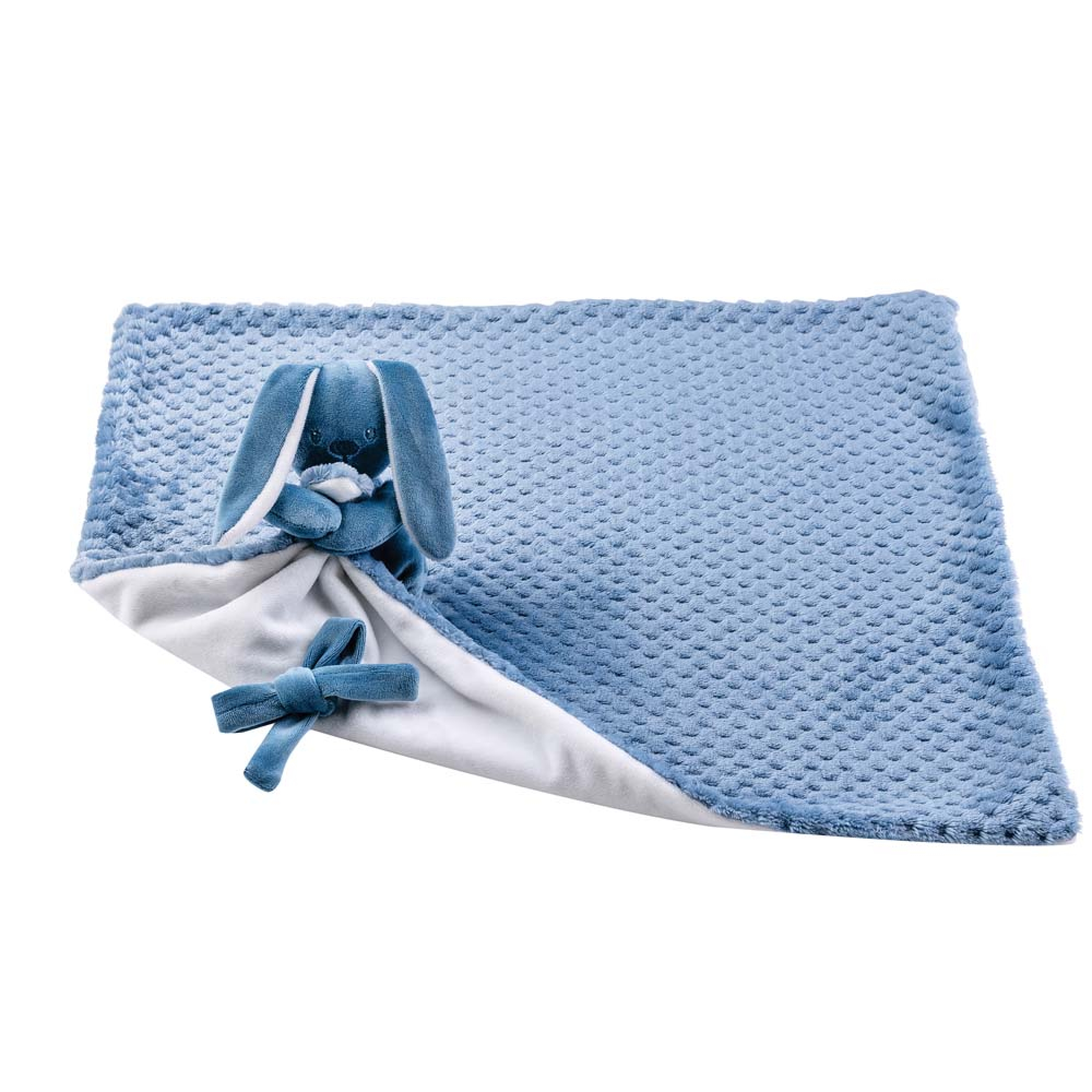 Doudou couverture attache sucette Lapin Bleu et blanc - Made in Bébé