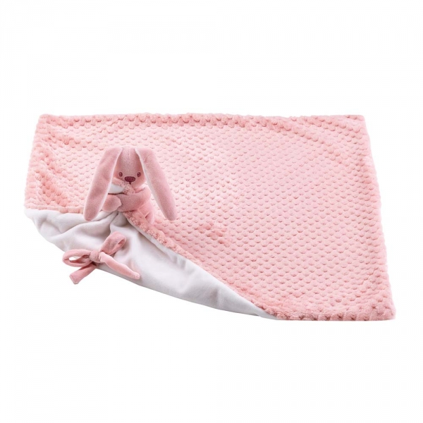 Doudou couverture attache sucette Lapin Rose et blanc