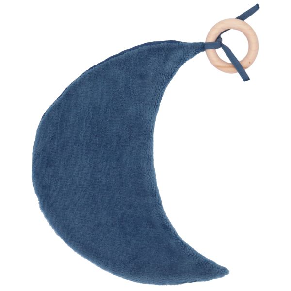 Doudou lune avec anneau dentition gaze et bambou Bleu