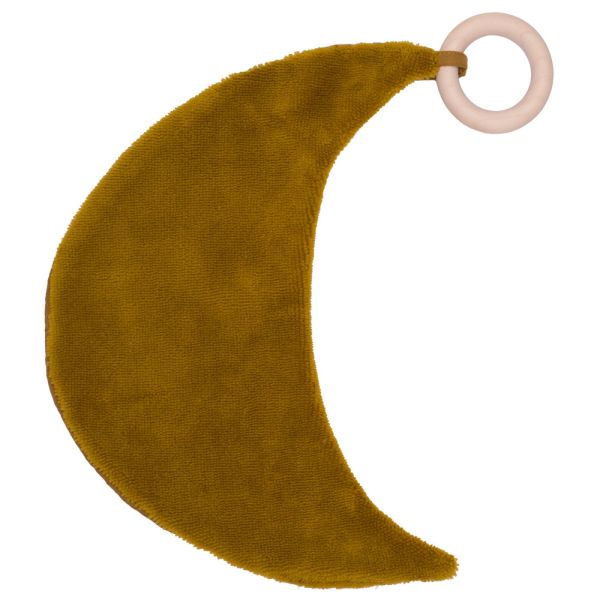 Doudou lune avec anneau dentition gaze et bambou Ocre