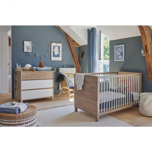 Chambre duo lit bébé évolutif 70x140 cm + commode Achille