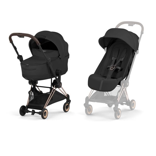 Poussette duo compacte Coya 2 avec nacelle pliable châssis Rosegold Sepia Black