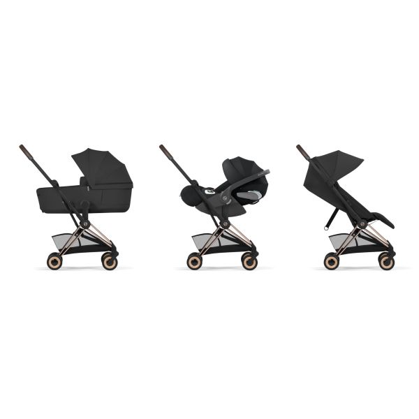 Poussette duo compacte Coya 2 avec nacelle pliable châssis Rosegold Sepia Black