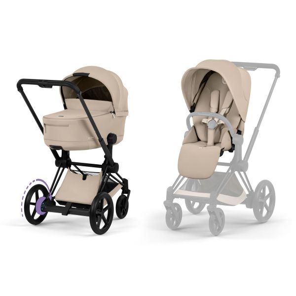 Poussette duo électrique e-Priam 3 avec nacelle pliable châssis Matt Black Cozy Beige