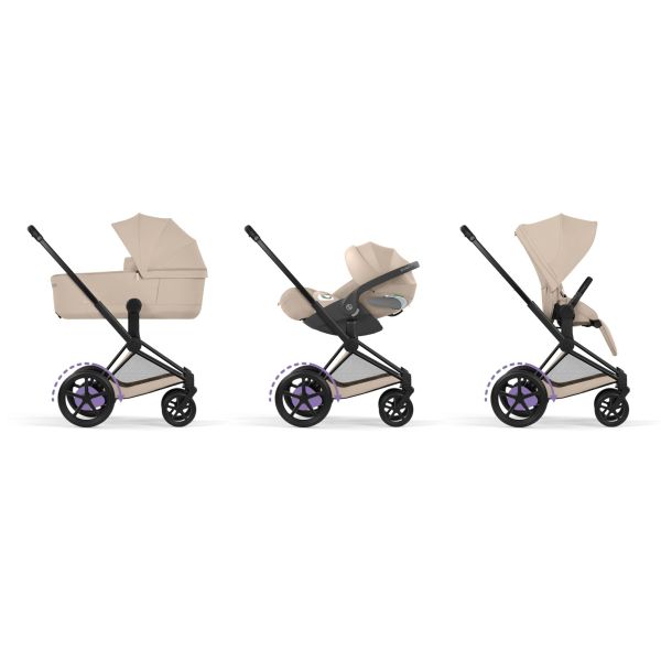 Poussette duo électrique e-Priam 3 avec nacelle pliable châssis Matt Black Cozy Beige