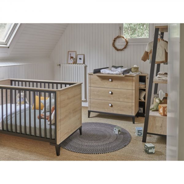 Chambre duo lit bébé évolutif 70x140 cm + commode Marcel noir