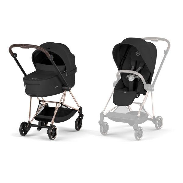 Poussette duo compacte Mios 4 avec nacelle pliable châssis Rosegold Sepia Black