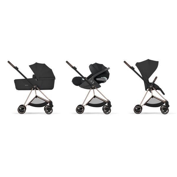 Poussette duo compacte Mios 4 avec nacelle pliable châssis Rosegold Sepia Black