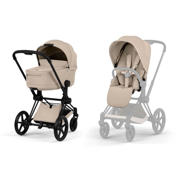 Poussette duo Priam 5 avec nacelle pliable châssis Matt Black Cozy Beige