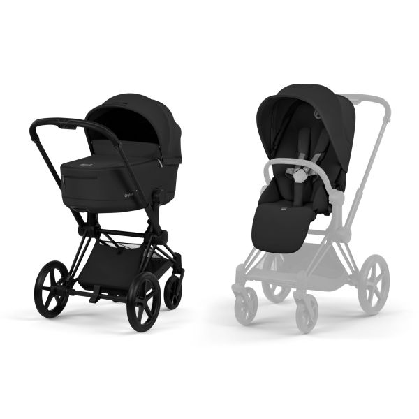 Poussette duo Priam 5 avec nacelle pliable châssis Matt Black Sepia Black