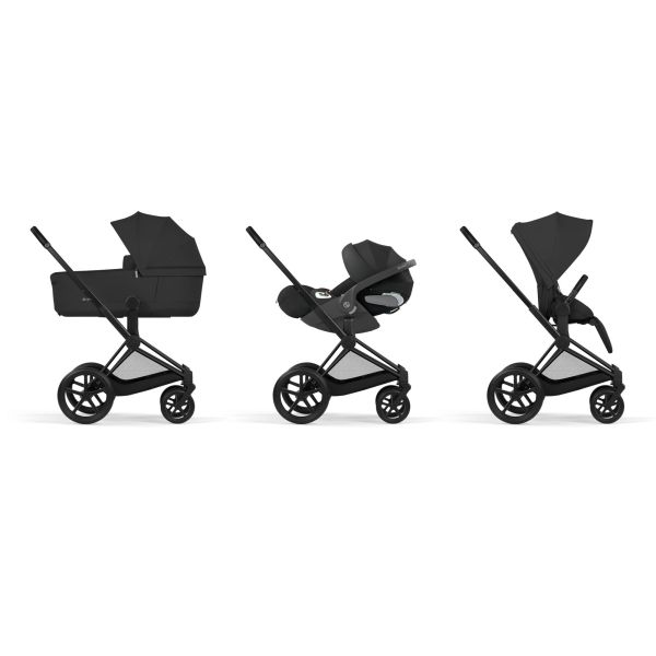Poussette duo Priam 5 avec nacelle pliable châssis Matt Black Sepia Black