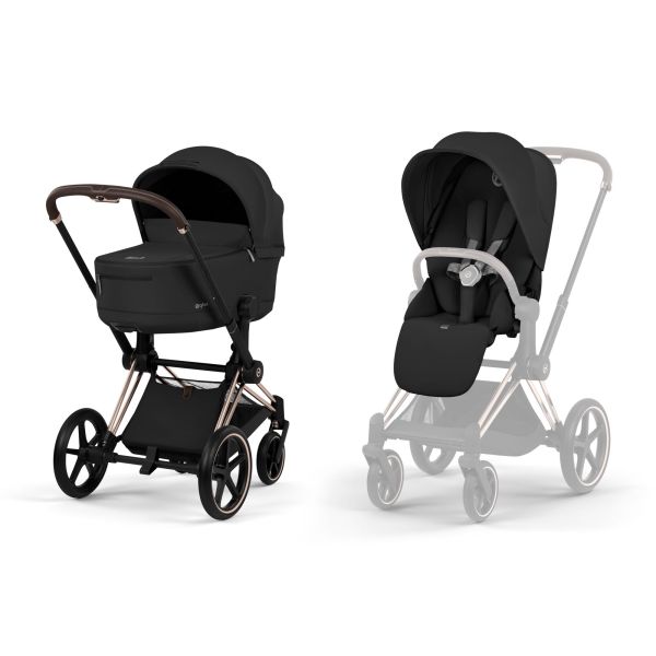 Poussette duo Priam 5 avec nacelle pliable châssis Rosegold Sepia Black