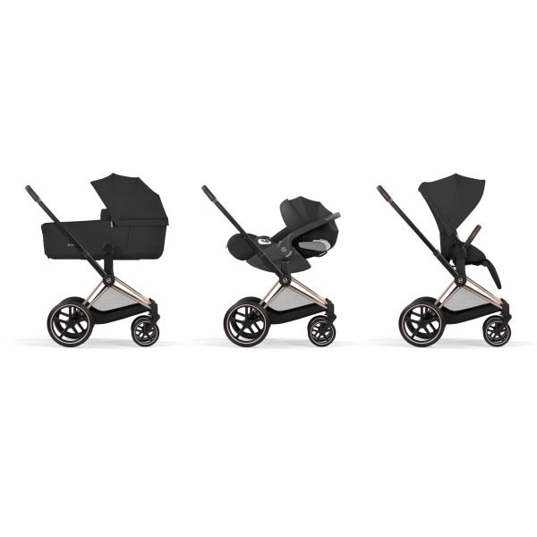 Poussette duo Priam 5 avec nacelle pliable châssis Rosegold Sepia Black