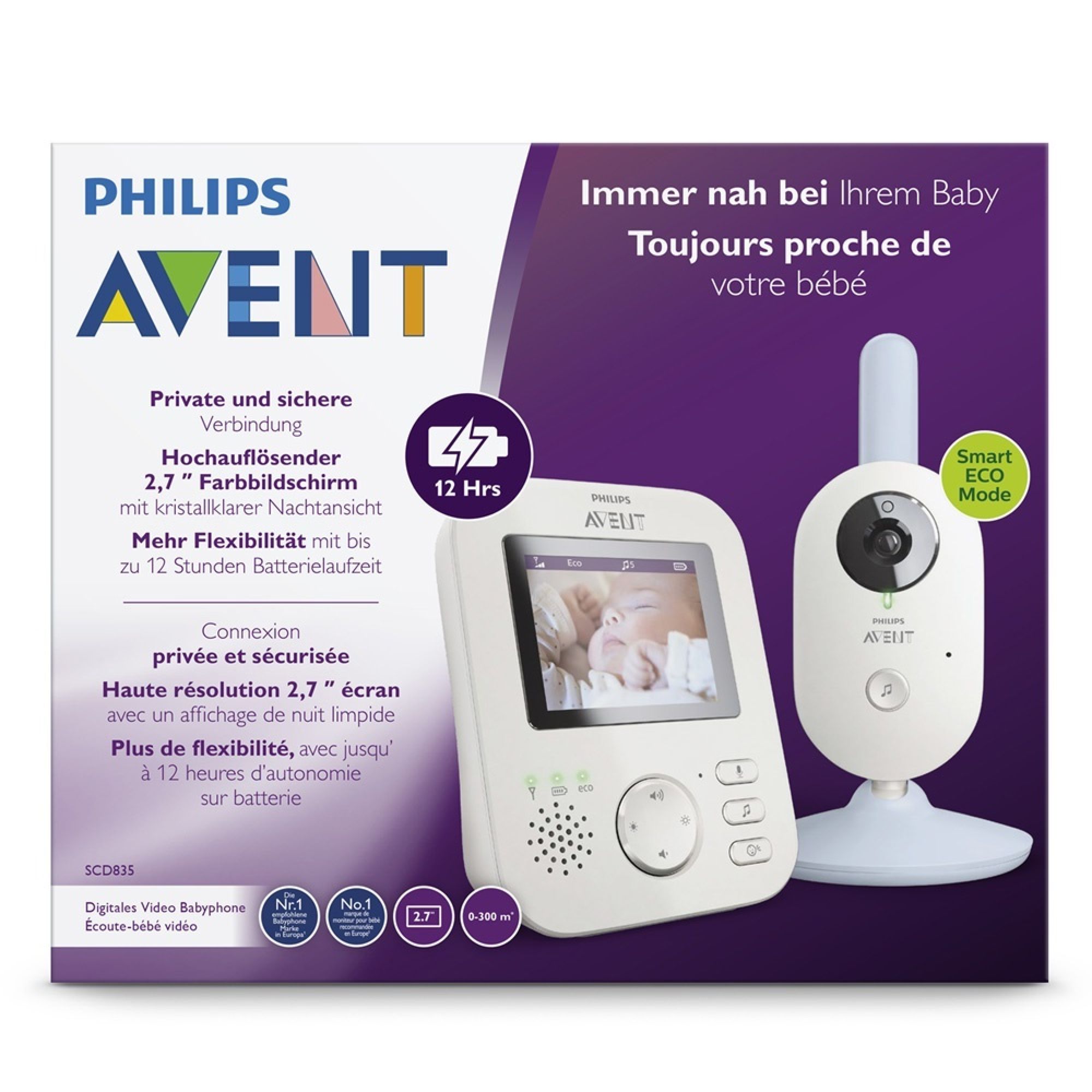 Philips AVENT Baby-Phone vidéo SCD835/26 300 m FHSS Bleu, Blanc -  Baby-Phone (300 m, numérique 50 m, 300 m, FHSS, 2.4 GHz) 1 Unité (Lot de 1)
