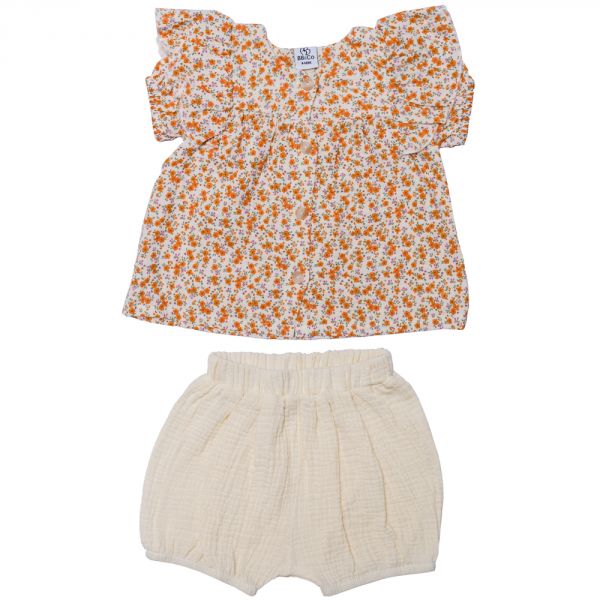 Ensemble Blouse + Short en gaze orange/ écru - 12 mois