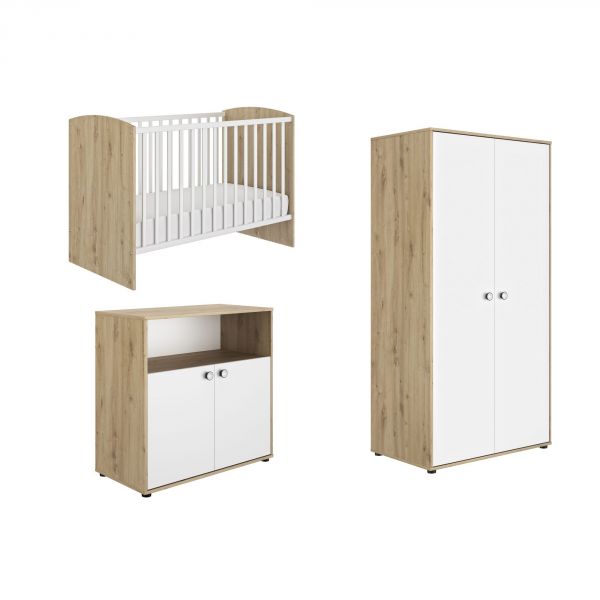 Chambre trio lit bébé 60x120 cm + commode + armoire Arthur