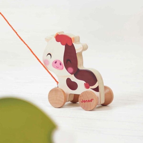 Jouet à tirer en bois Vache