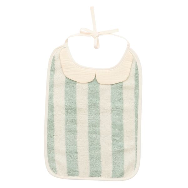 Grand bavoir bambou et gaze de coton rayée ivoire/ vert de gris