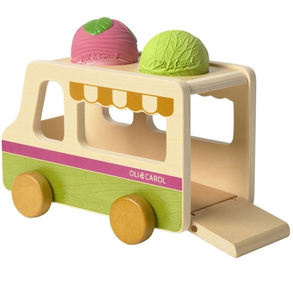 Camion en bois avec 2 balles sensorielles Le Marché